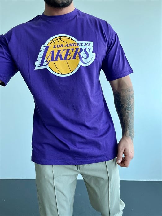 Mor Lakers Göğüs Sırt Baskılı Oversize T-SHİRT