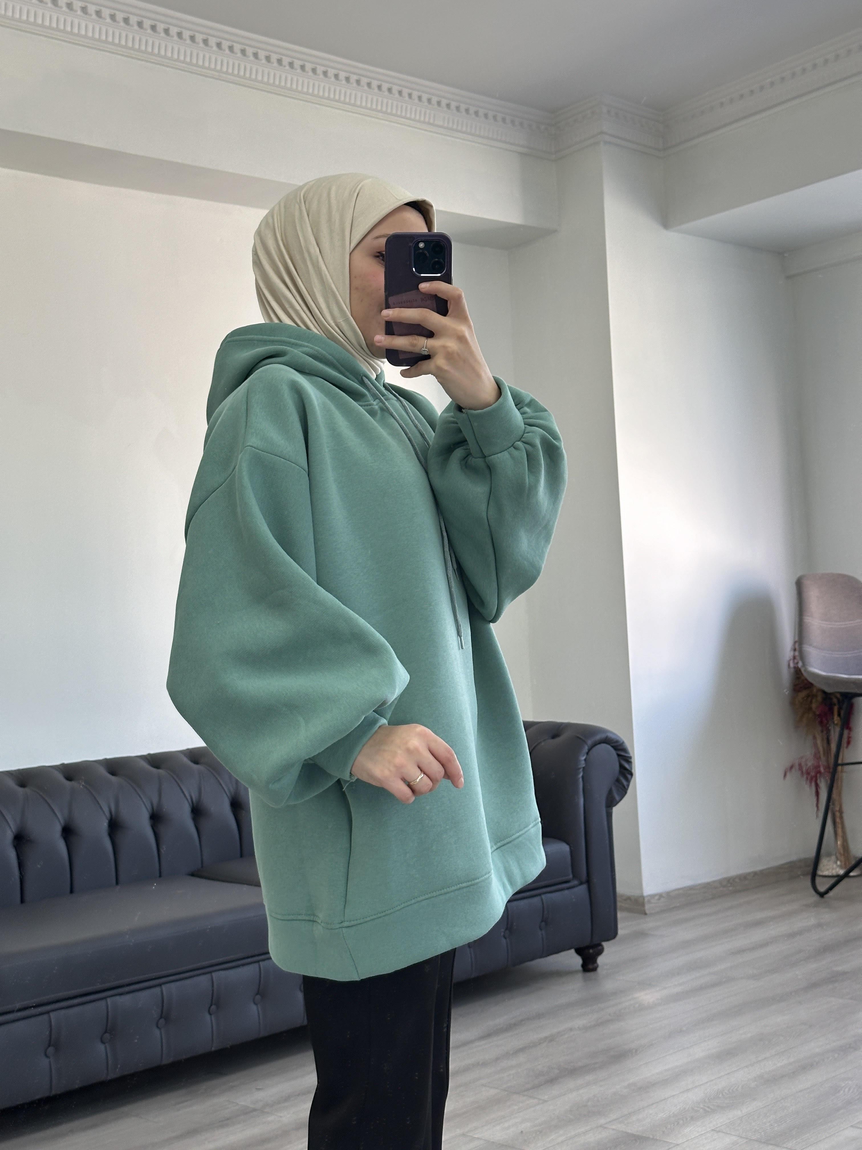 3 İplik Sweatshit Kapşonlu Çağla Yeşili