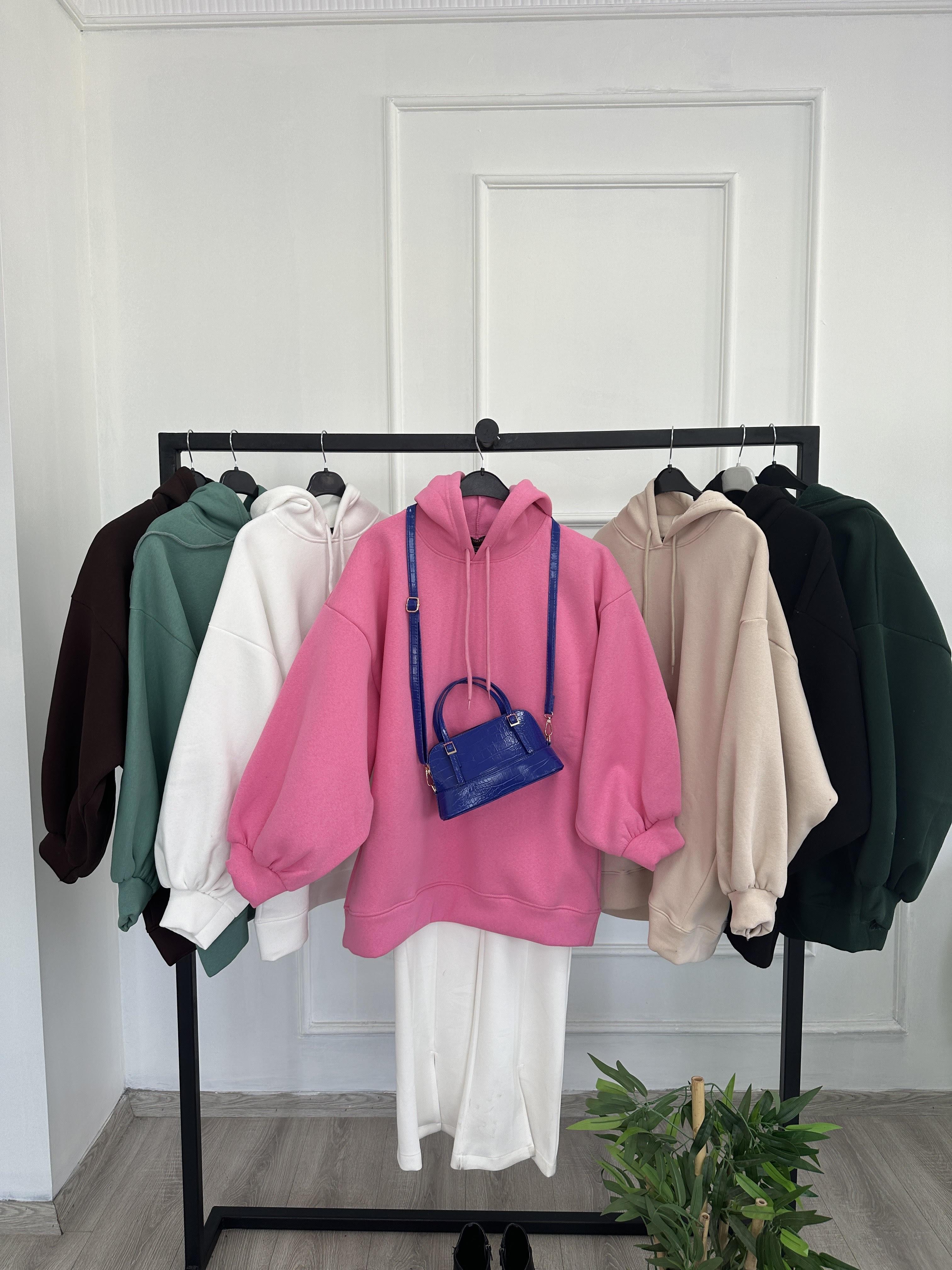 3 İplik Sweatshit Kapşonlu Pembe
