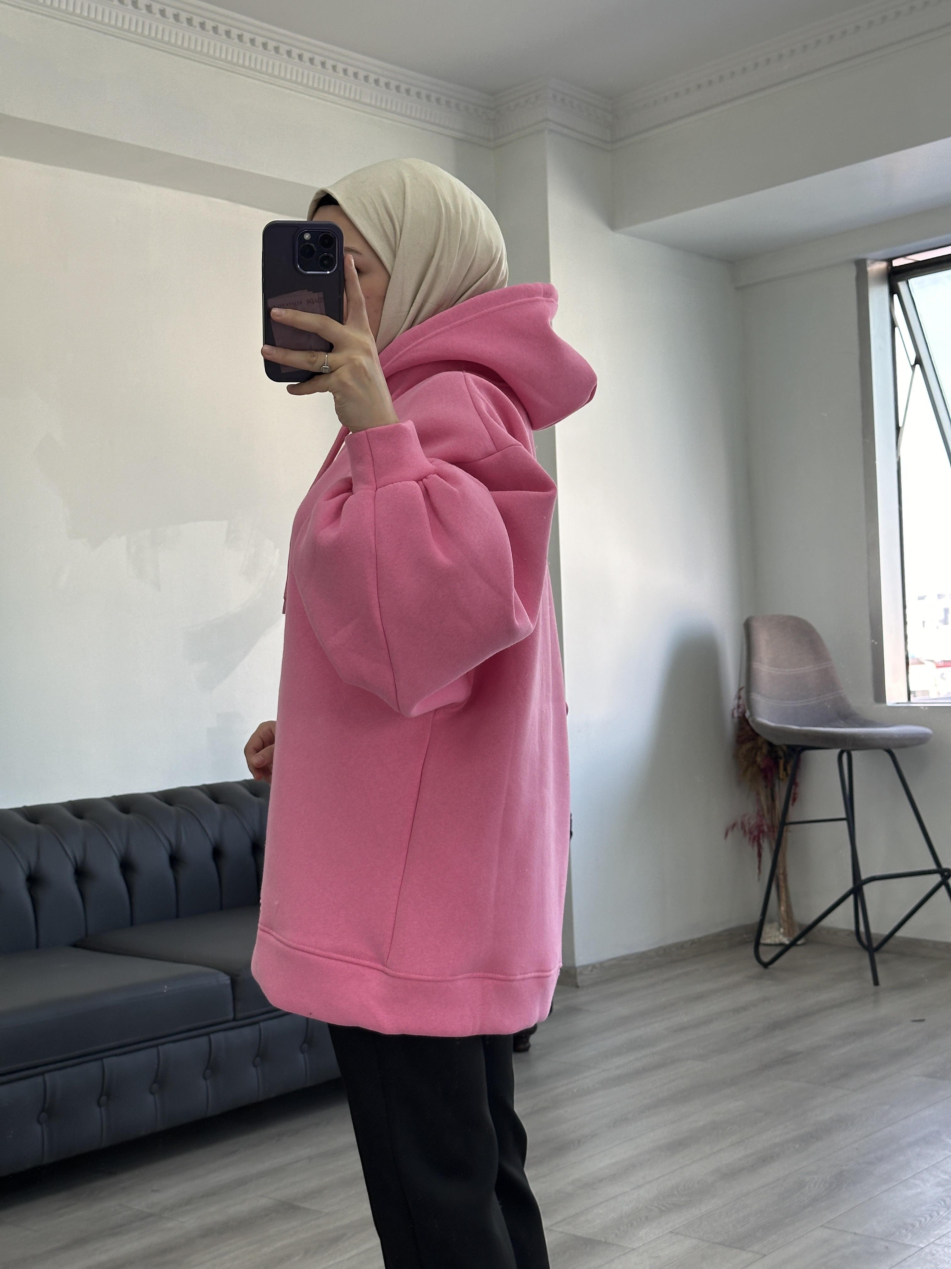 3 İplik Sweatshit Kapşonlu Pembe