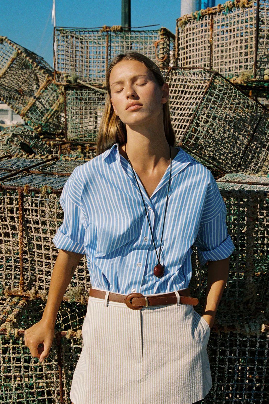 Basic Poplin Çizgili Mavi Gömlek