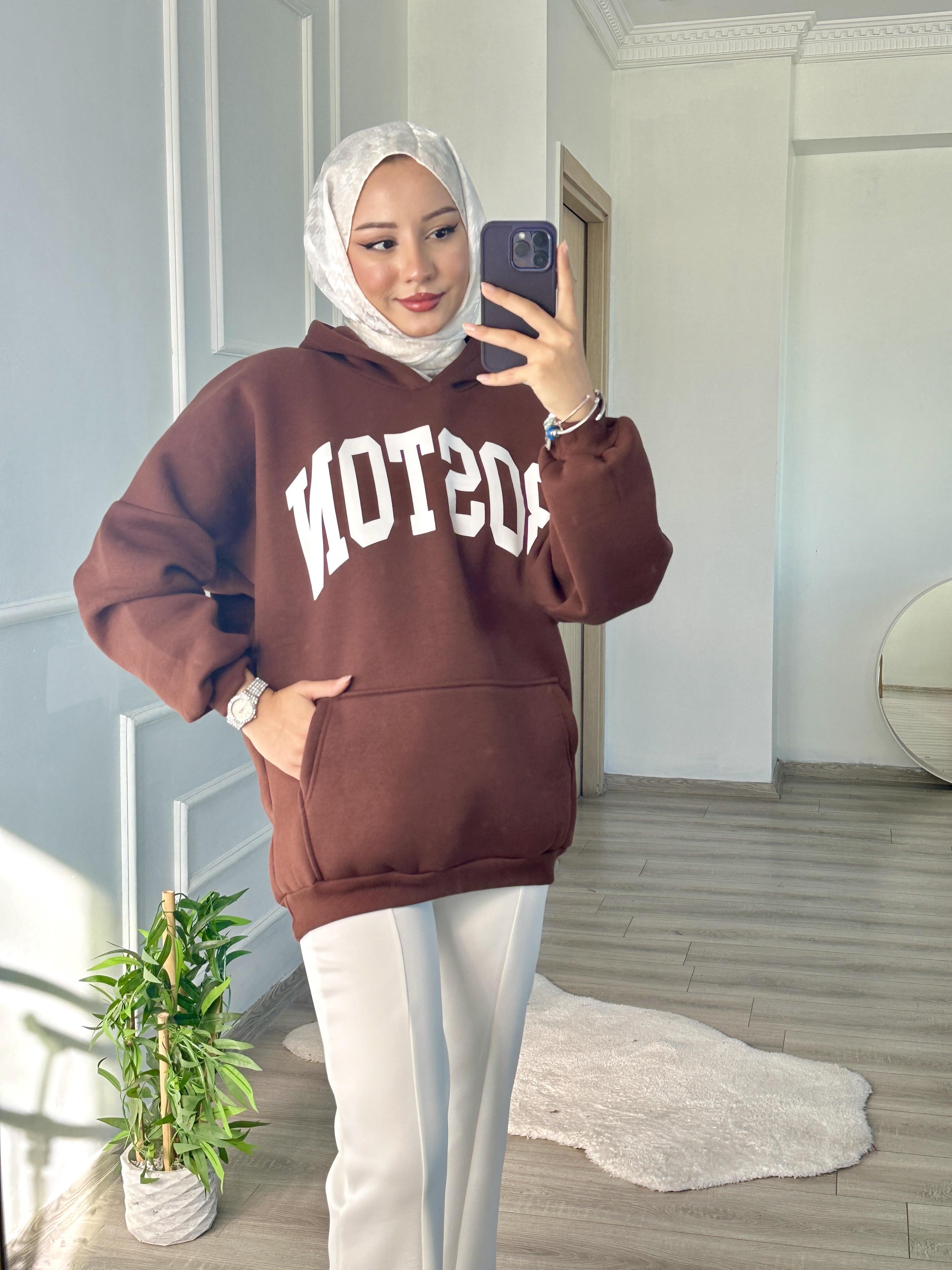 BOSTON Sweatshirt Kapşonlu ACI KAHVE