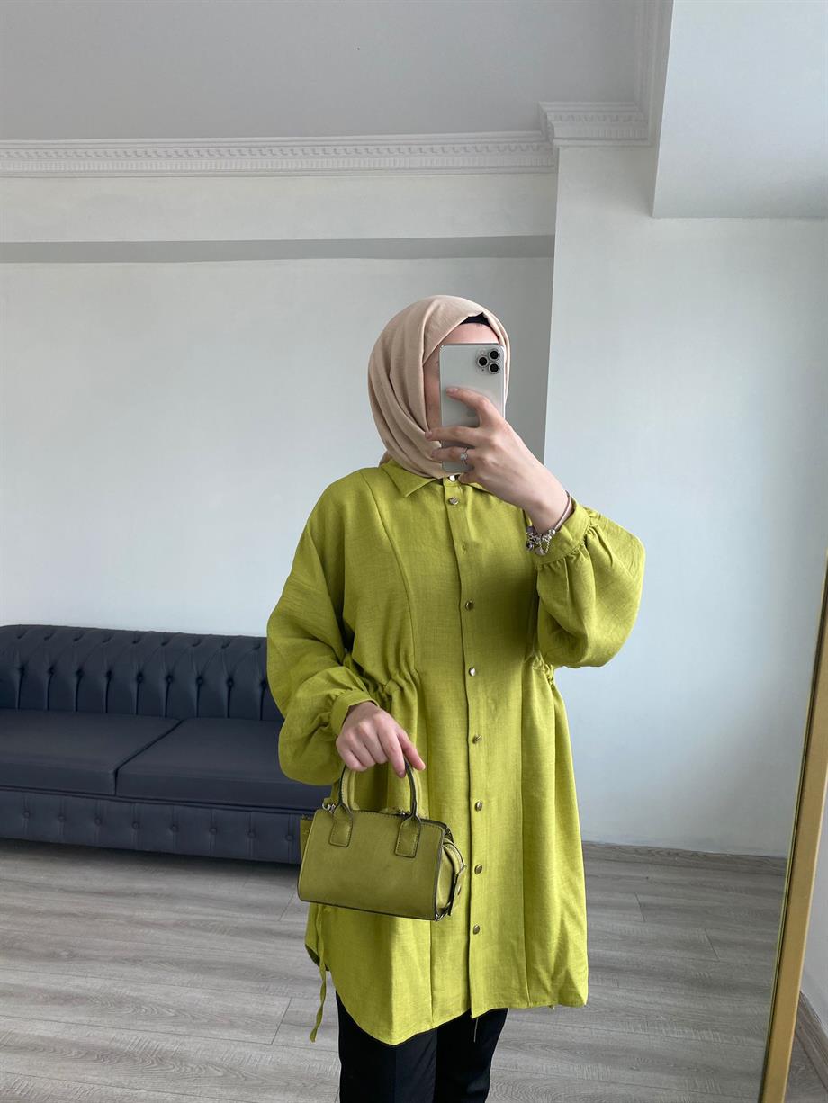 Büzgü Detaylı Filamlı Keten Gömlek Yağ Yeşili