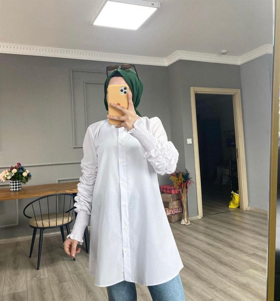 Büzgü Kol Detaylı Gömlek Beyaz