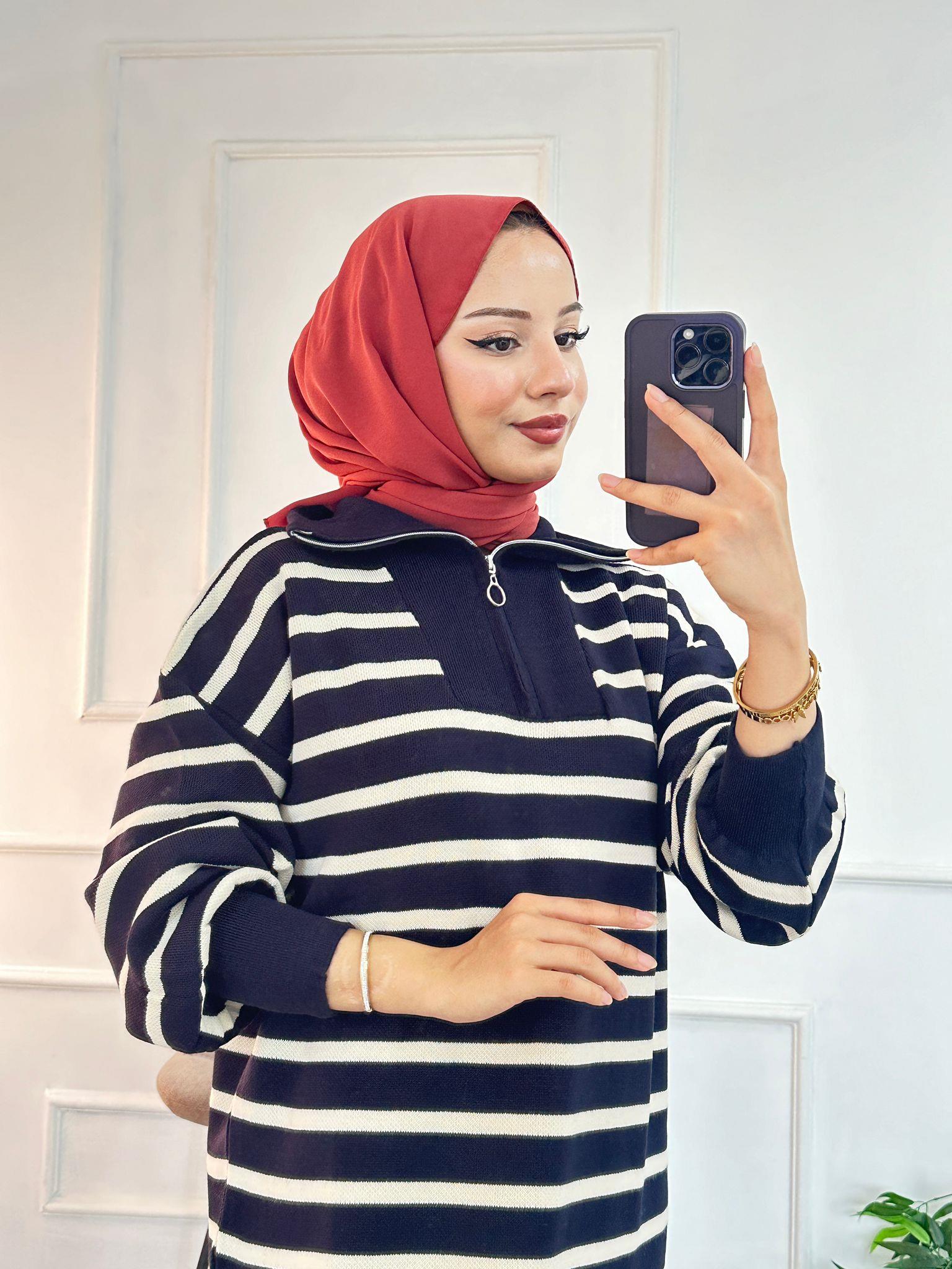 Çizgili Fermuarlı Triko Elbise Lacivert