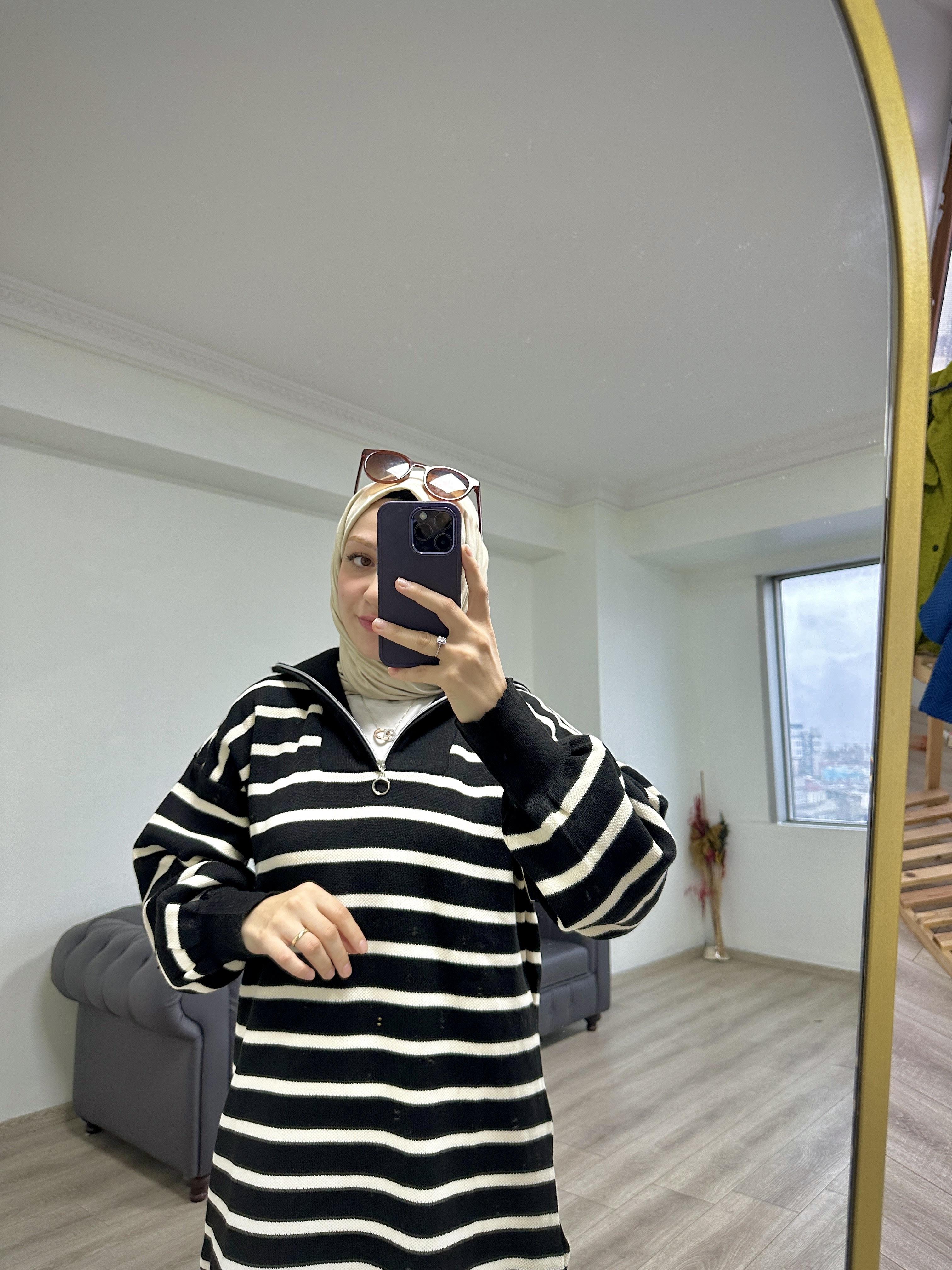 Çizgili Fermuarlı Triko Elbise Siyah