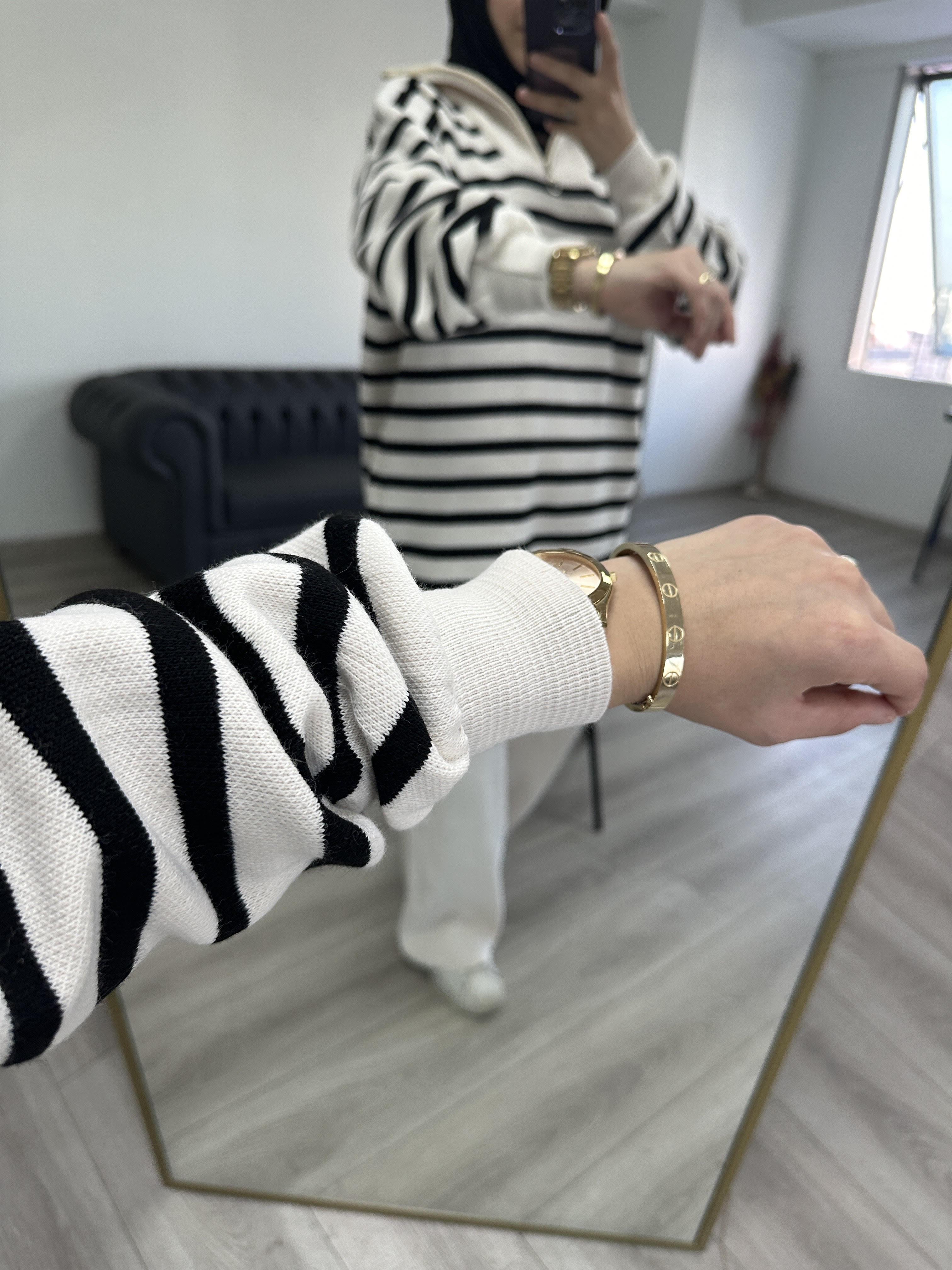 Çizgili Triko Tunik Takım Krem