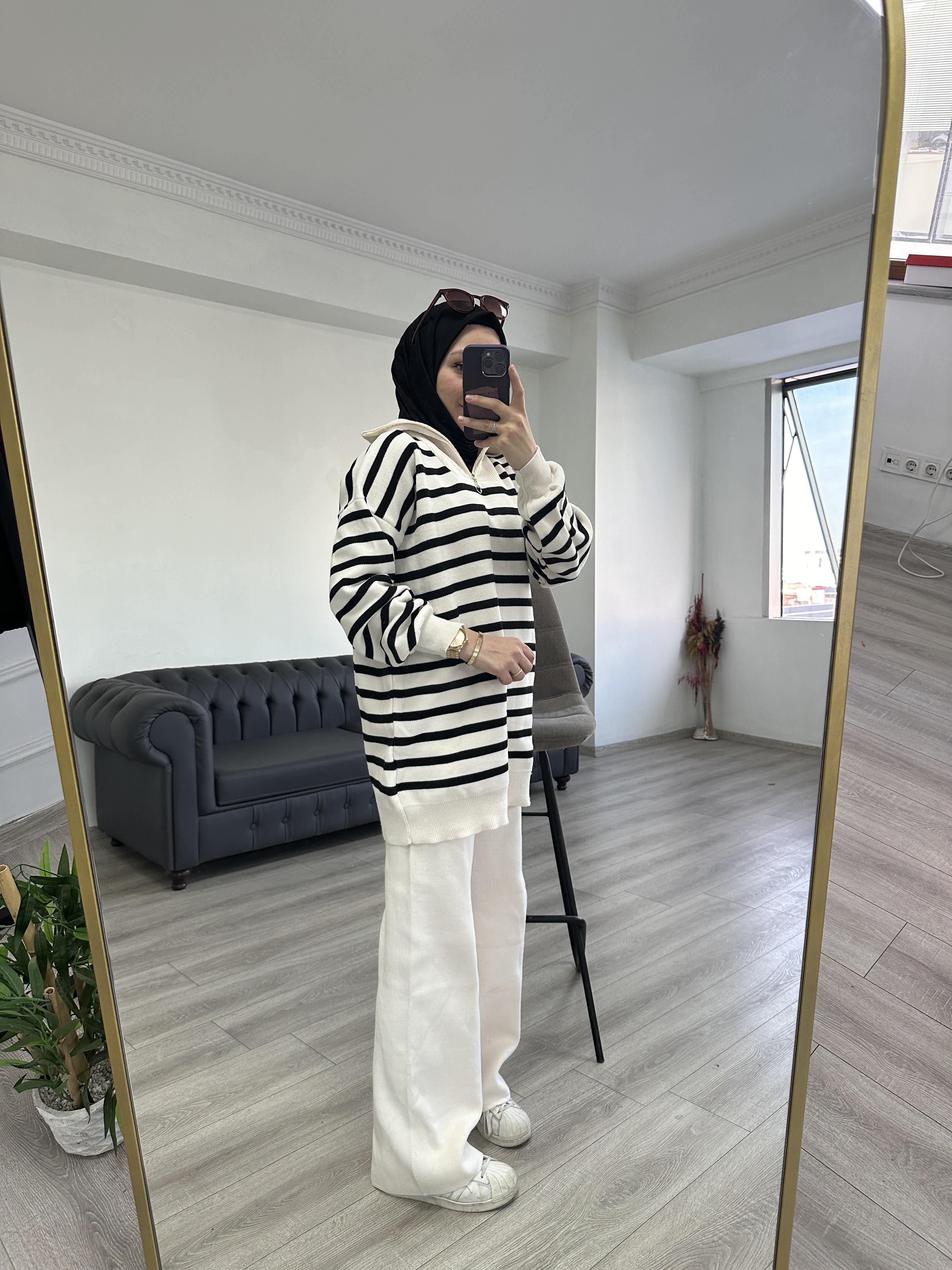 Çizgili Triko Tunik Takım Krem