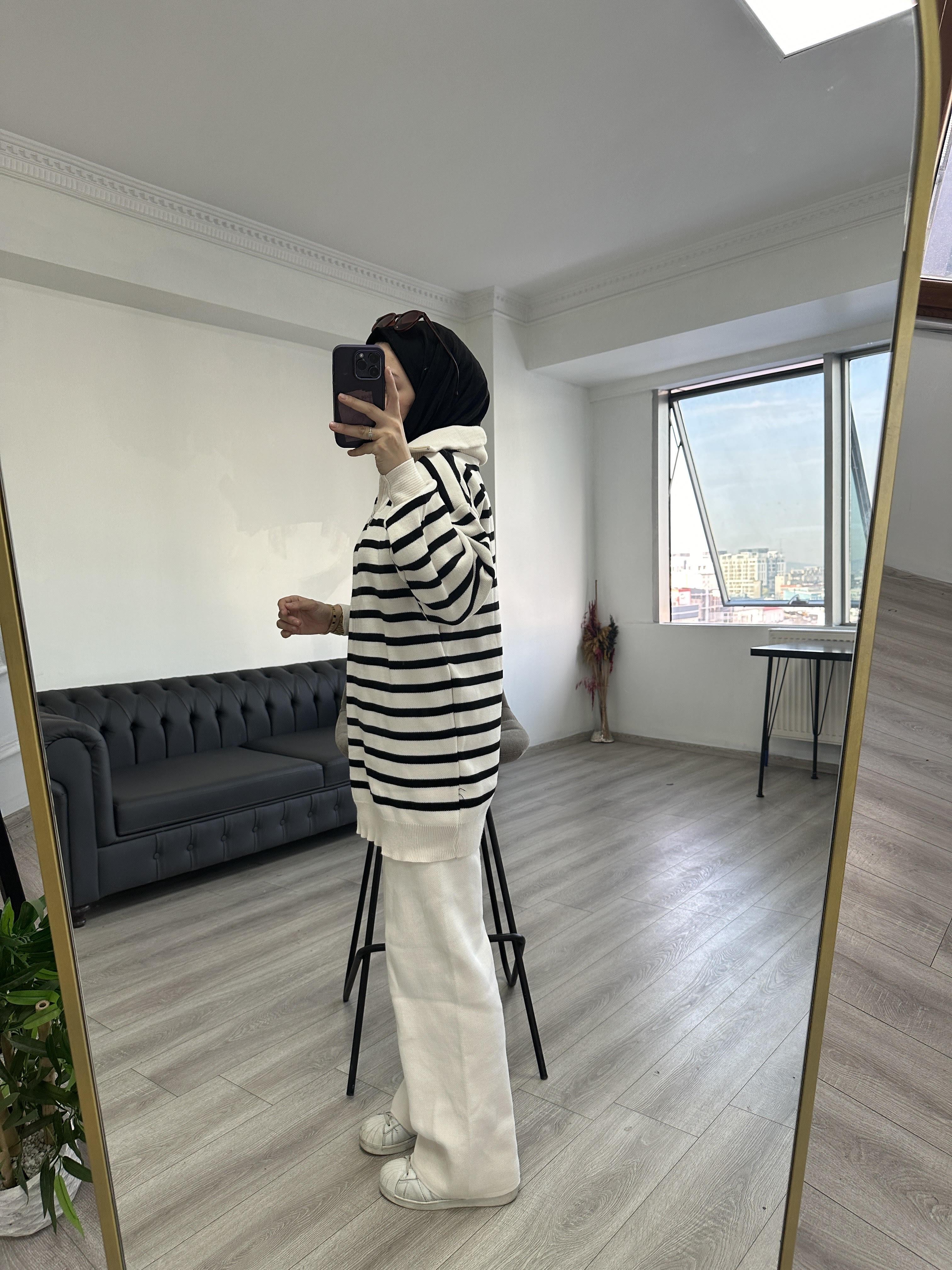 Çizgili Triko Tunik Takım Krem