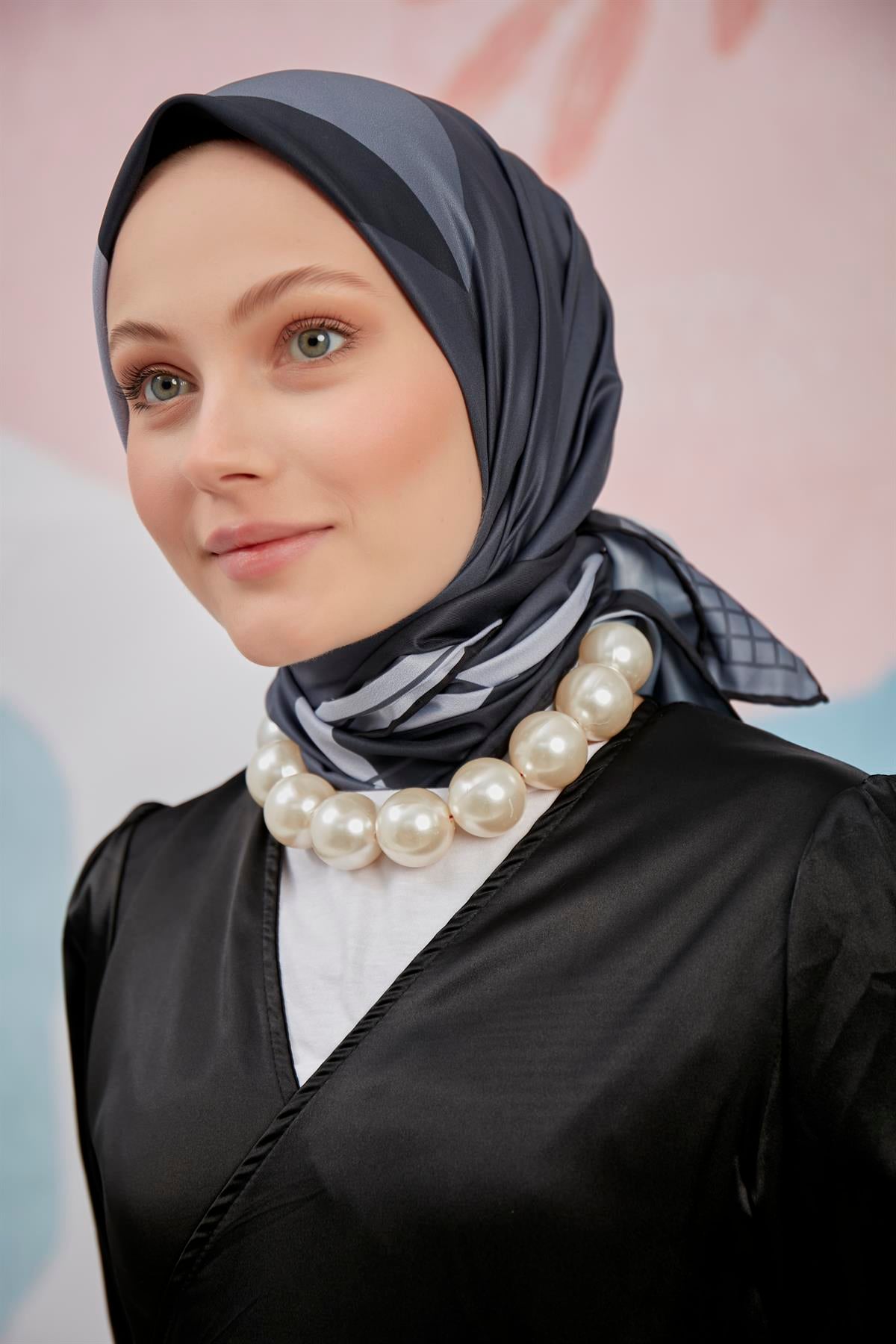 Twill Eşarp Geometrik Desen Füme