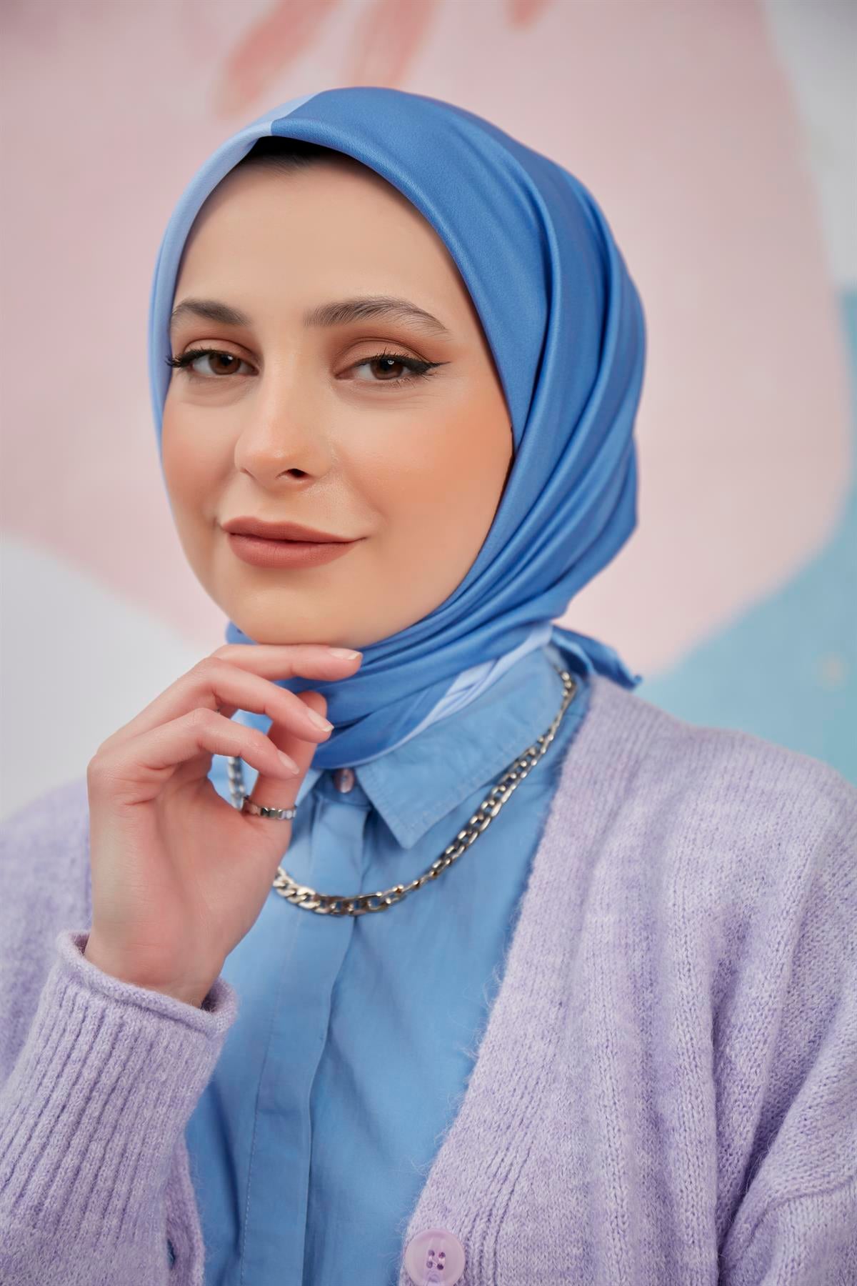 Twill Eşarp 2 Renkli Desen İndigo-Bebe Mavisi