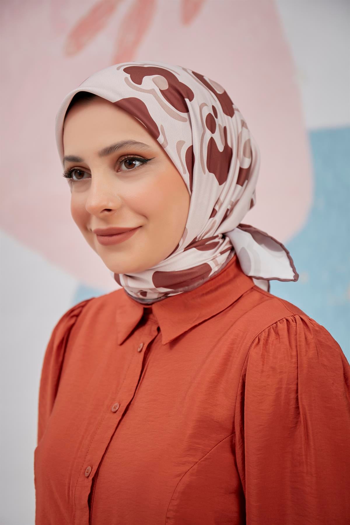 Twill Eşarp Çiçek Desen Kahve