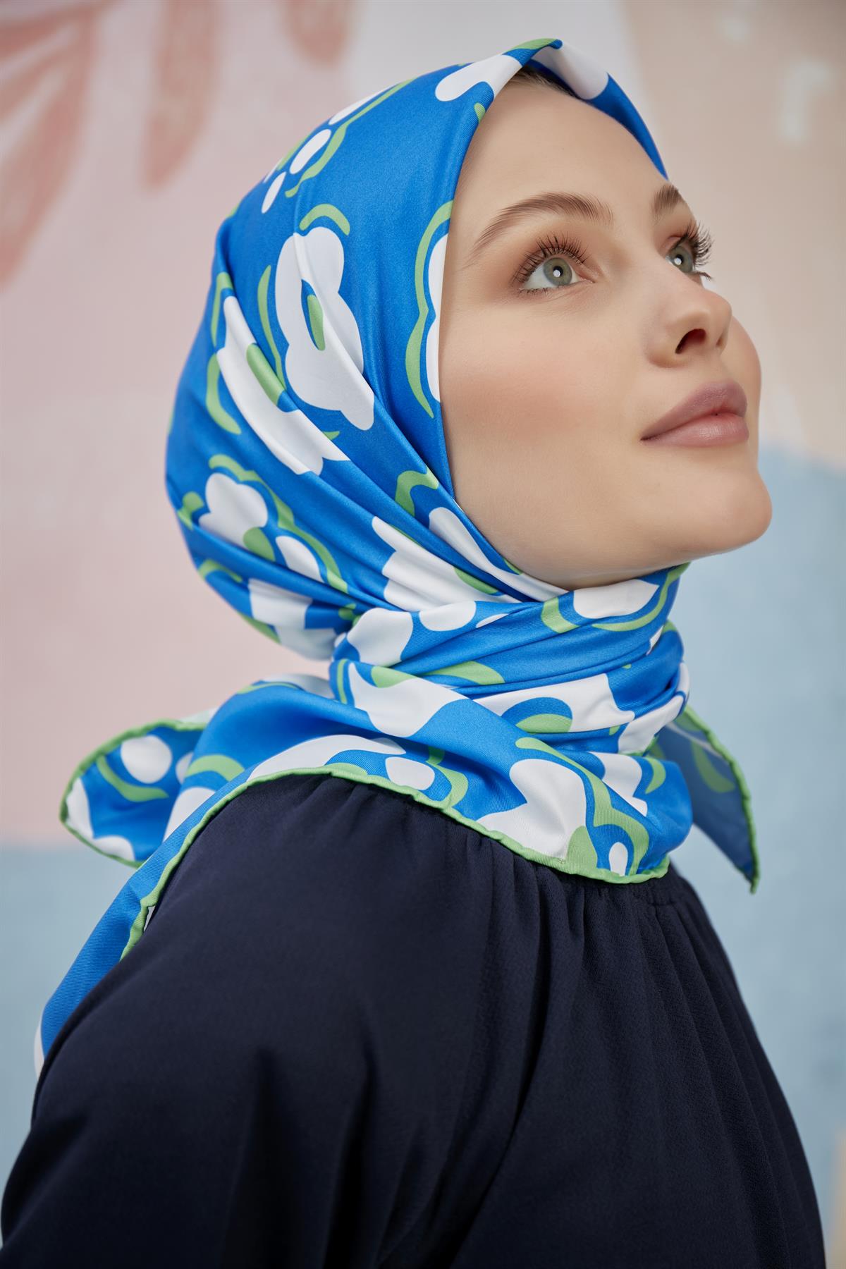 Twill Eşarp Çiçek Desen Mavi