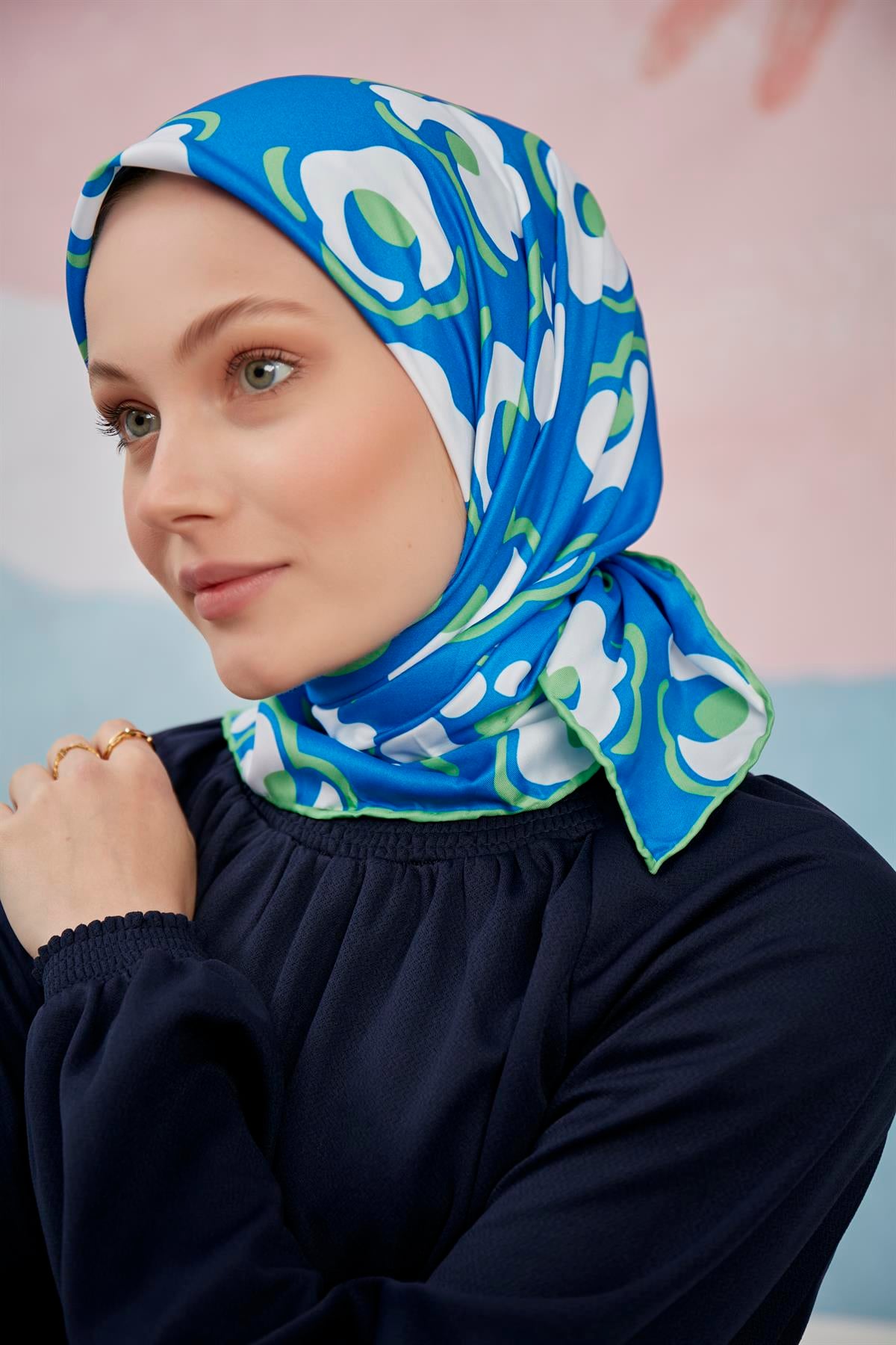 Twill Eşarp Çiçek Desen Mavi