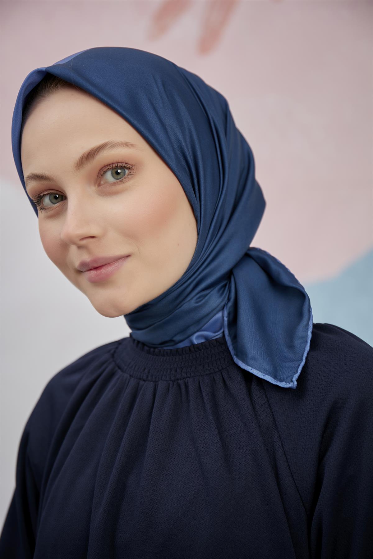 Twill Eşarp 2 Renkli Desen Petrol-Mavi