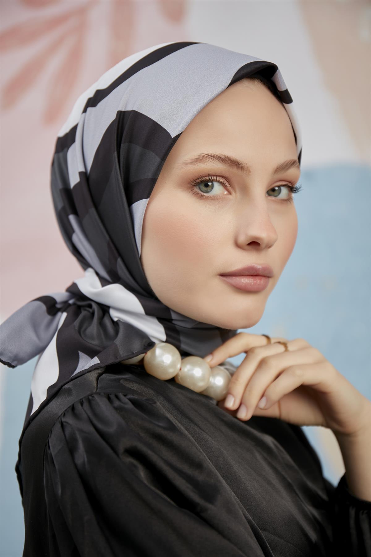 Twill Eşarp Dalga Desen Siyah