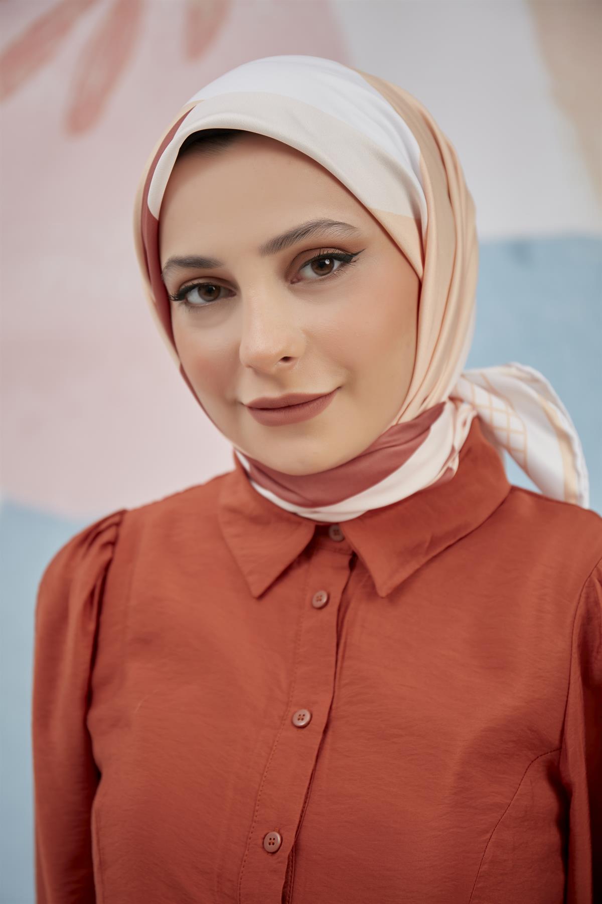 Twill Eşarp Labirent Desen Somon