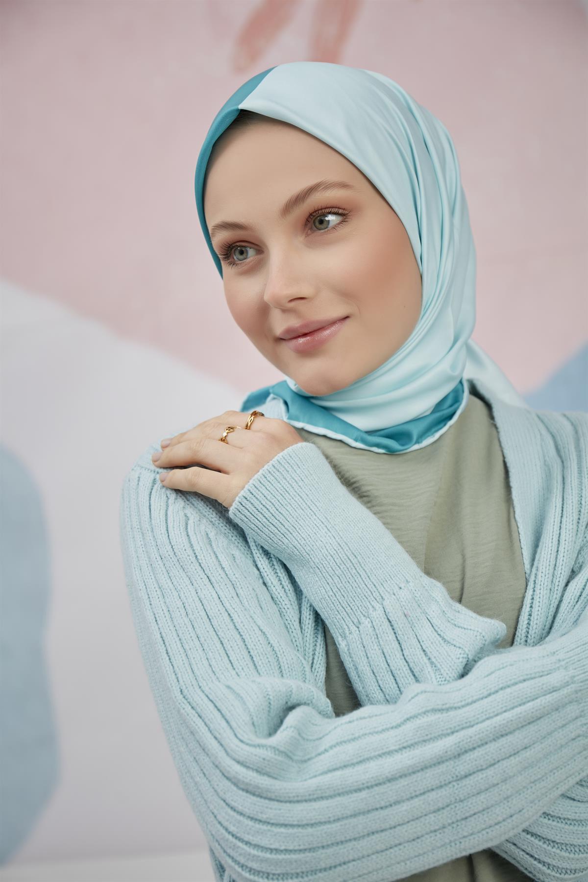 Twill Eşarp 2 Renkli Desen Su Yeşili-Mint Yeşili