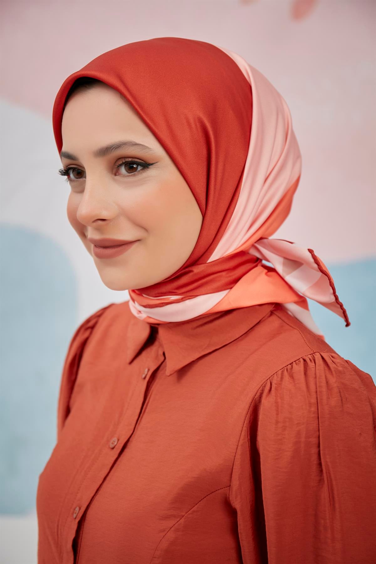 Twill Eşarp 3 Renkli Desen Turuncu