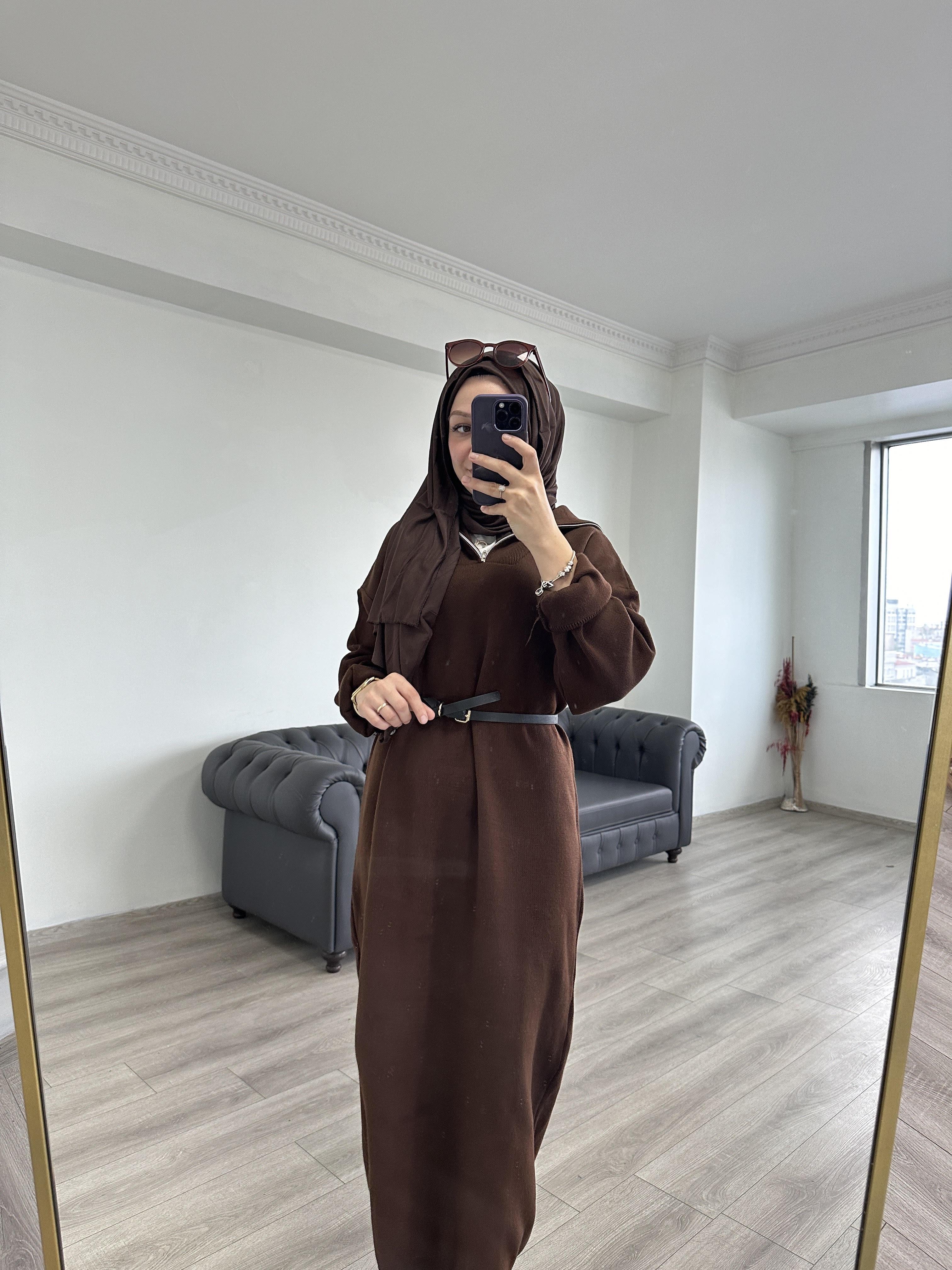 Fermuarlı Triko Elbise Acı Kahve