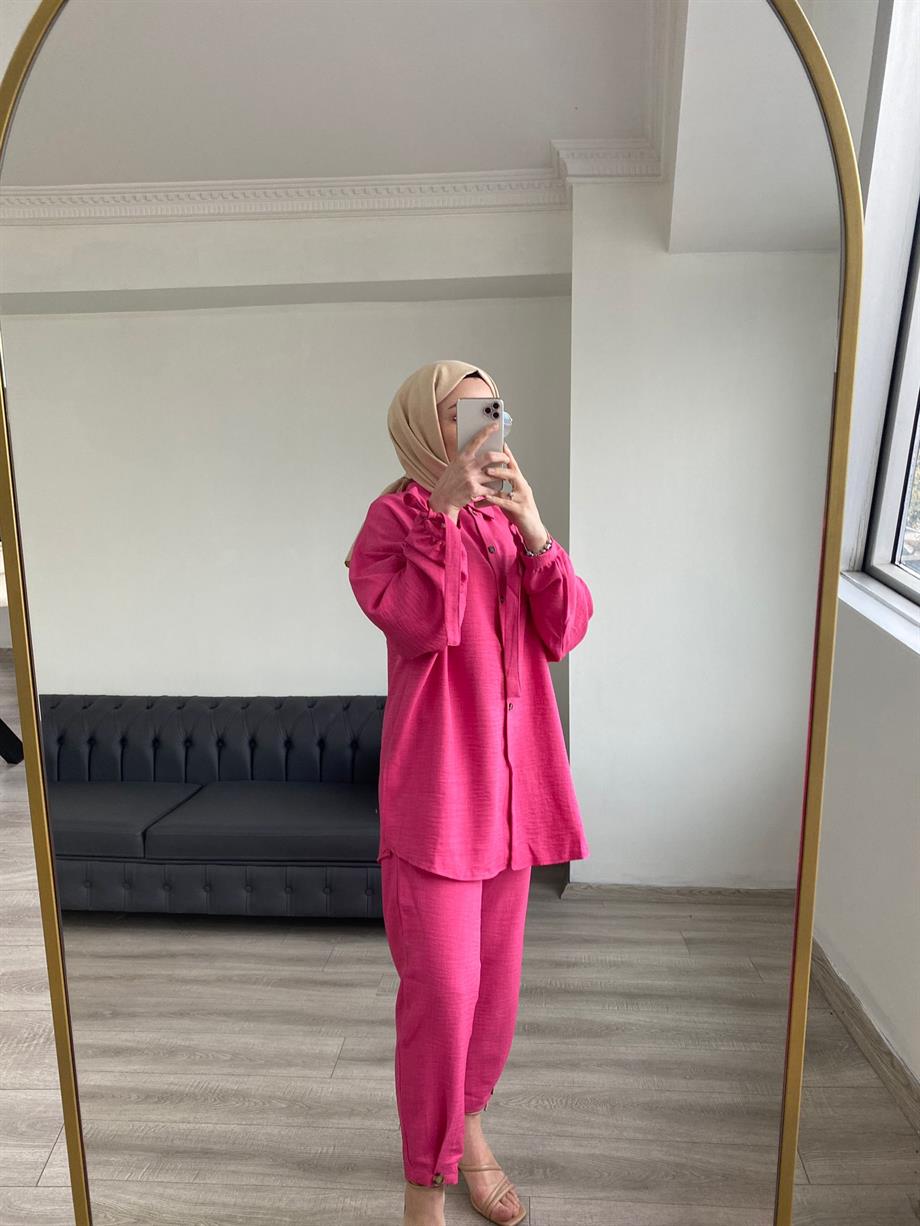 Filamlı Keten Takımı Pembe