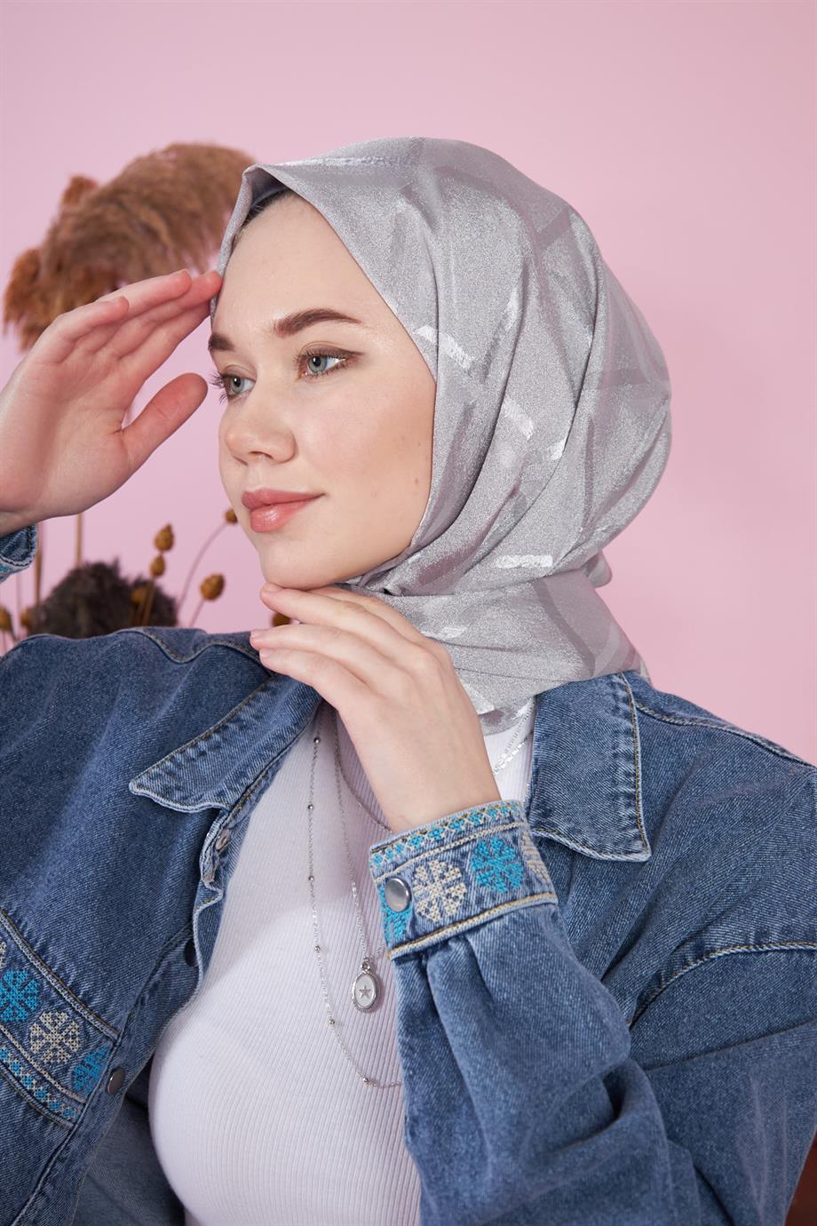 Parlak İtalyan Jakar Şal Kare Desen Gri