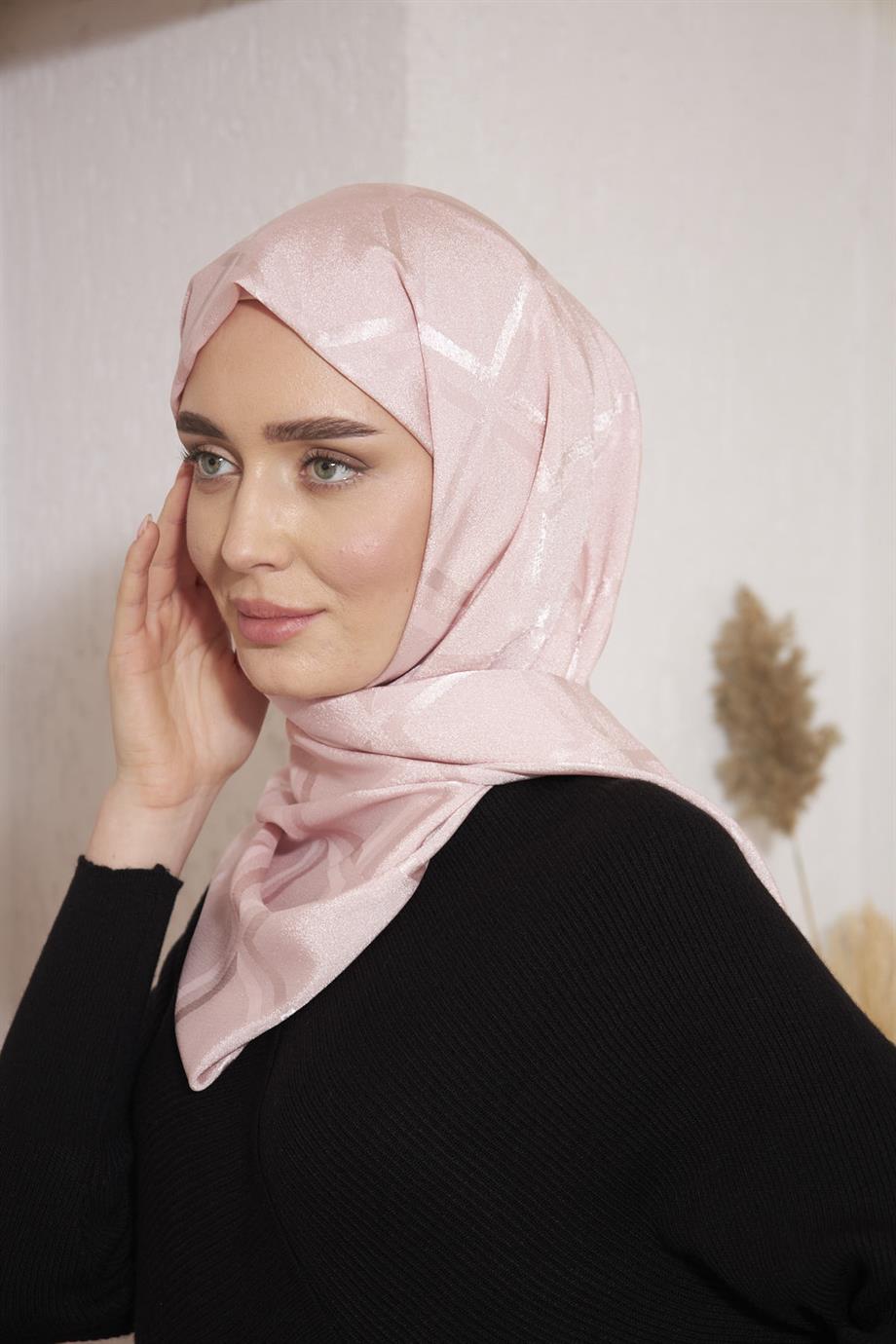 Parlak İtalyan Jakar Şal Kare Desen Gül Kurusu
