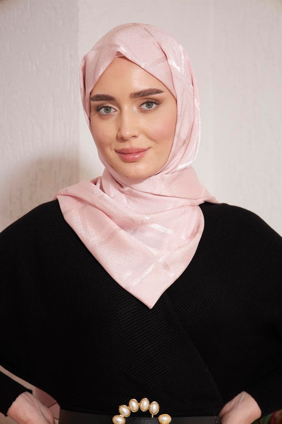 Parlak İtalyan Jakar Şal Kare Desen Gül Kurusu