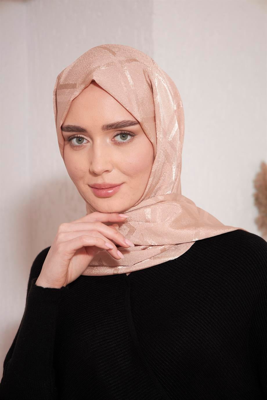 Parlak İtalyan Jakar Şal Kare Desen Latte