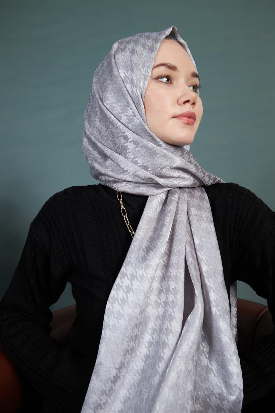 Parlak İtalyan Jakar Şal Kaz Ayağı Desen Gri