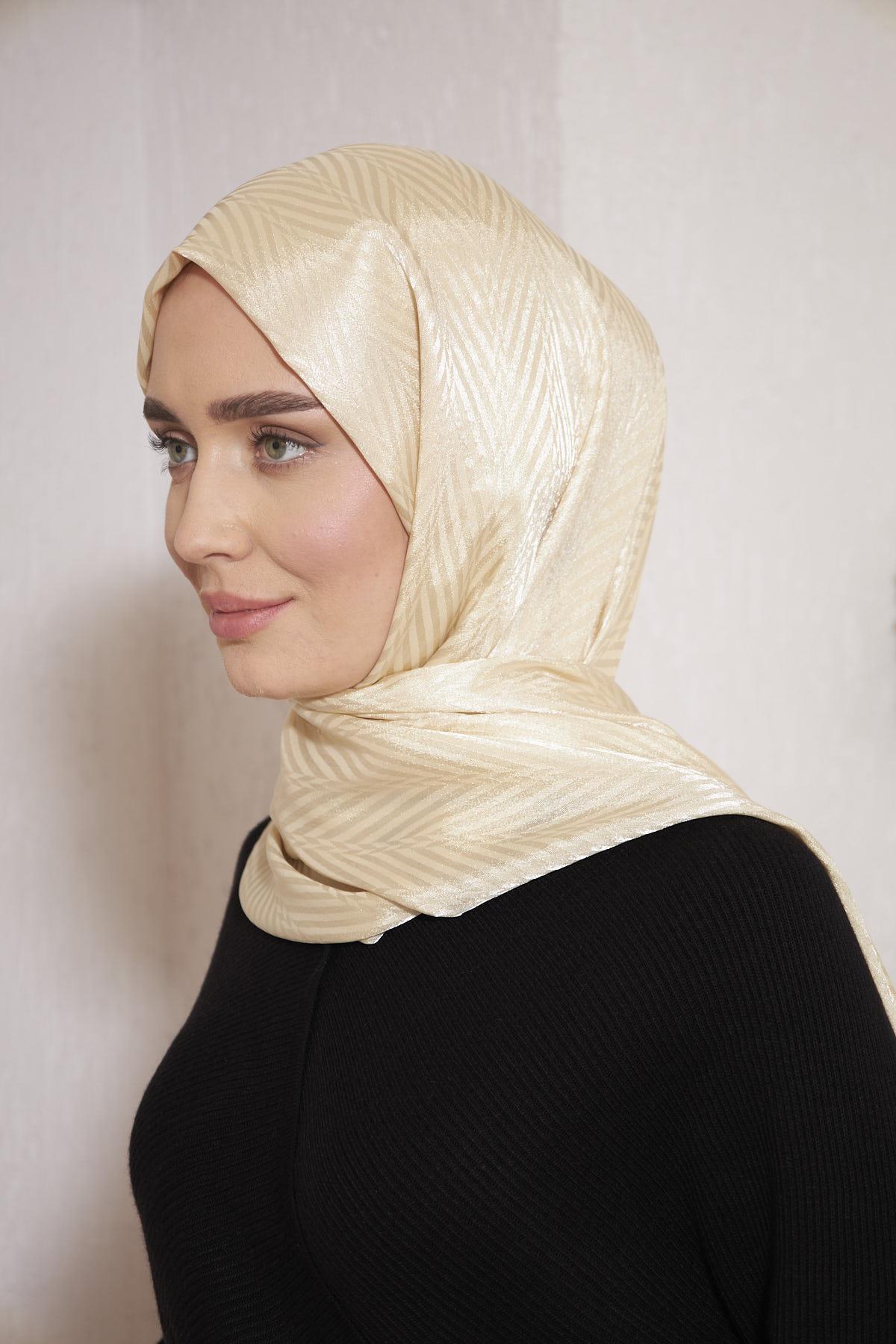 Parlak İtalyan Jakar Şal ZigZag Desen Bej