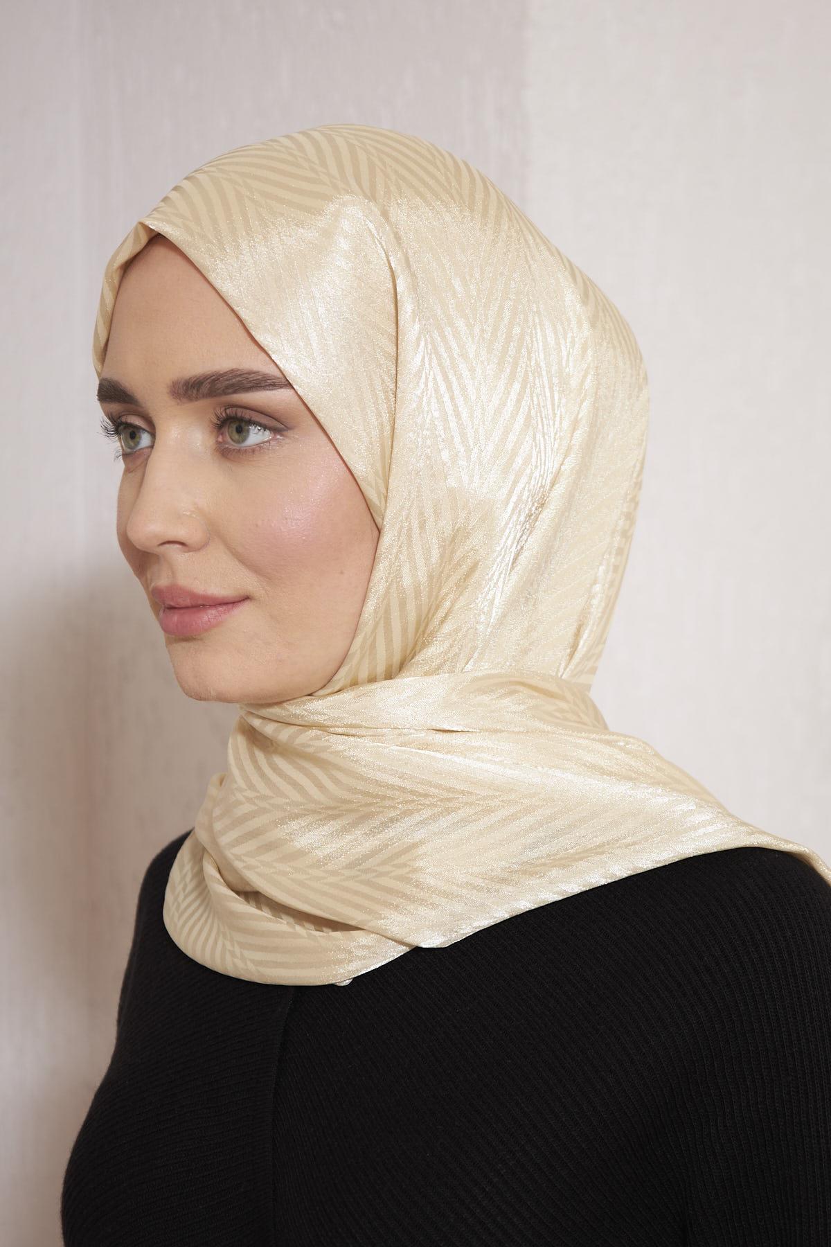 Parlak İtalyan Jakar Şal ZigZag Desen Bej