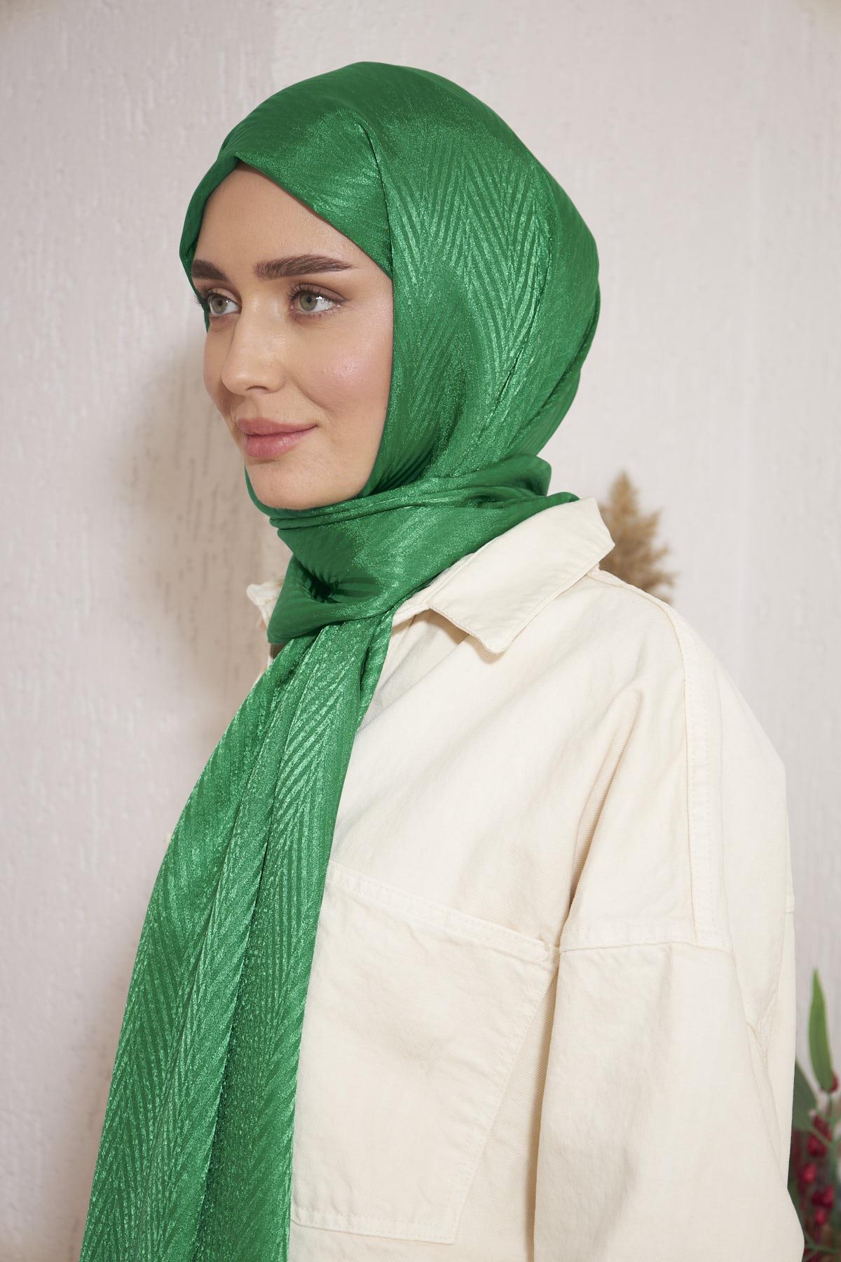 Parlak İtalyan Jakar Şal ZigZag Desen Benetton Yeşili