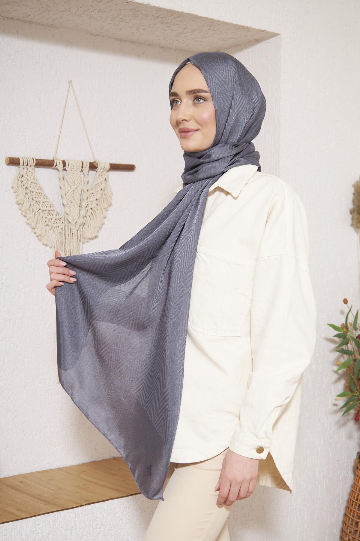 Parlak İtalyan Jakar Şal ZigZag Desen Füme