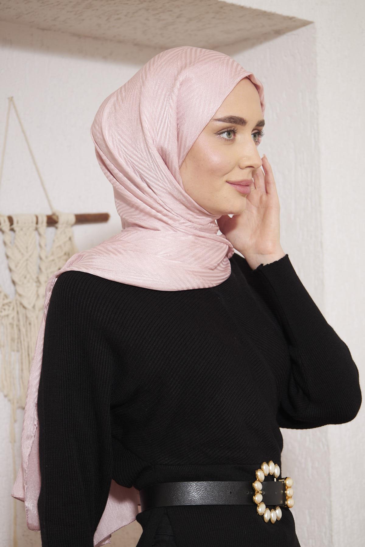 Parlak İtalyan Jakar Şal ZigZag Desen Gül Kurusu