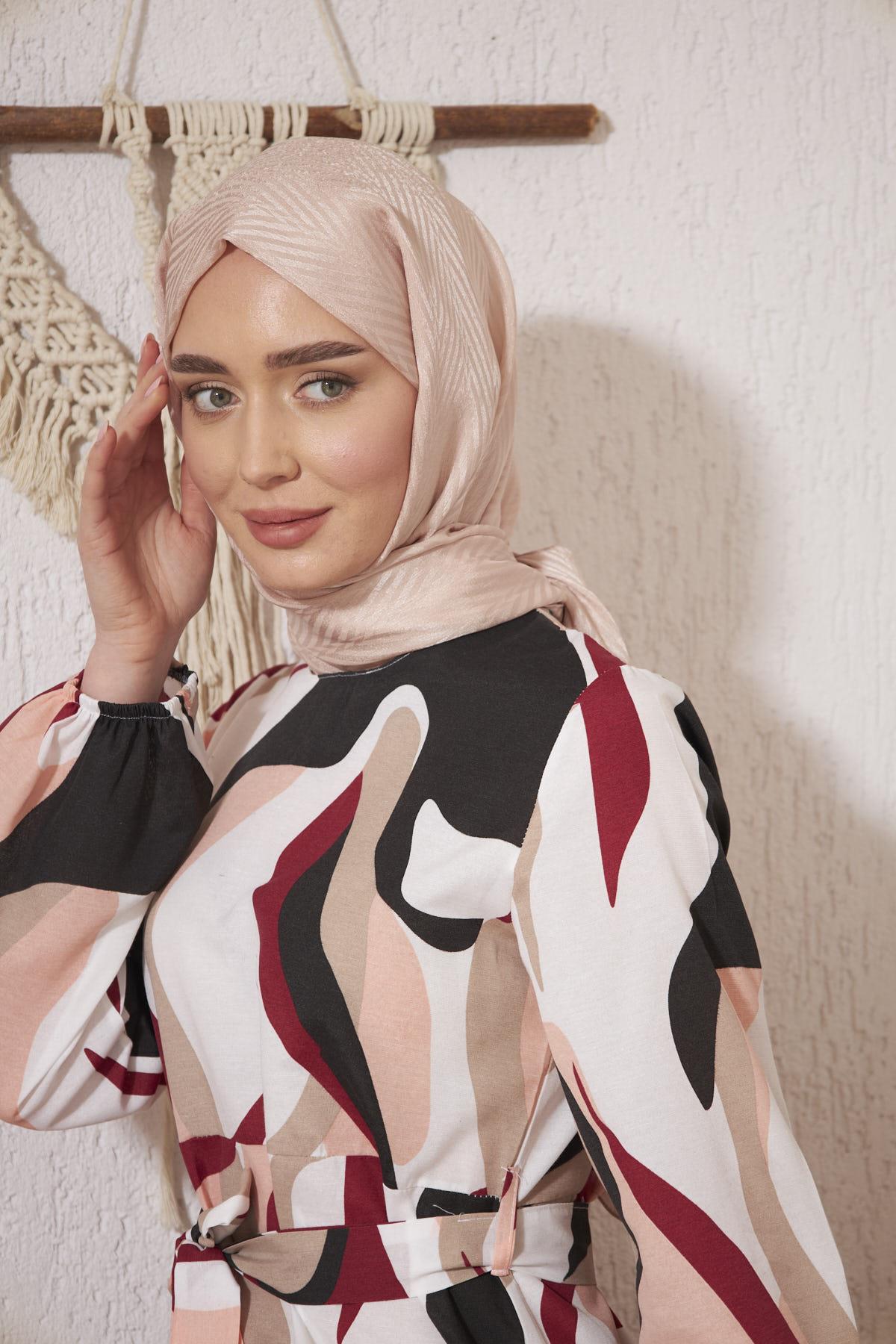 Parlak İtalyan Jakar Şal ZigZag Desen Kum Beji