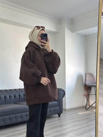 3 İplik Sweatshit Kapşonlu Acı Kahve