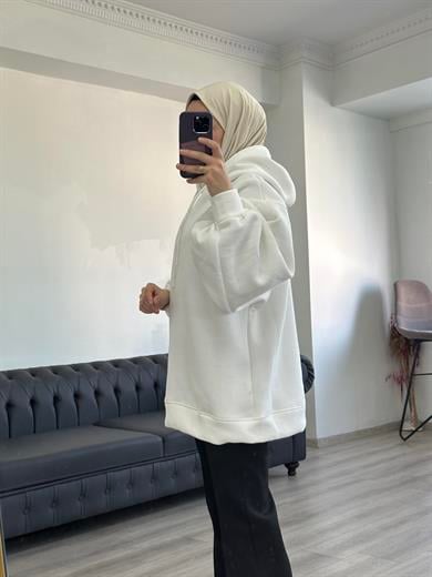3 İplik Sweatshit Kapşonlu Beyaz