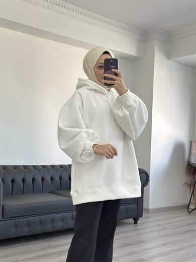 3 İplik Sweatshit Kapşonlu Beyaz