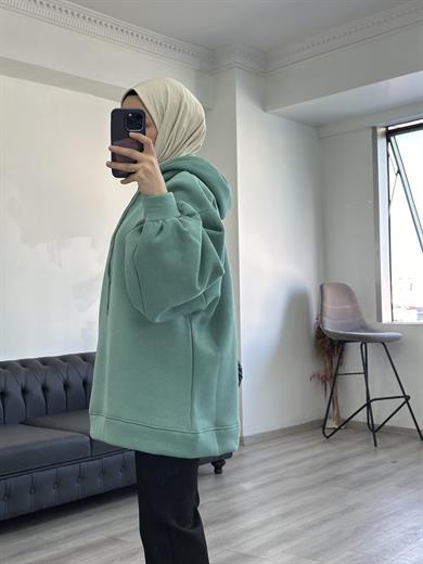 3 İplik Sweatshit Kapşonlu Çağla Yeşili
