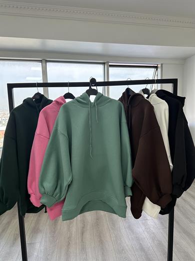 3 İplik Sweatshit Kapşonlu Çağla Yeşili