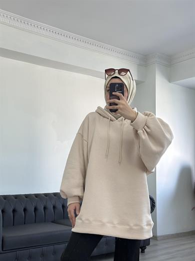 3 İplik Sweatshit Kapşonlu Taş Rengi