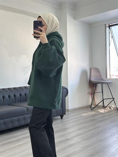 3 İplik Sweatshit Kapşonlu Zümrüt Yeşili