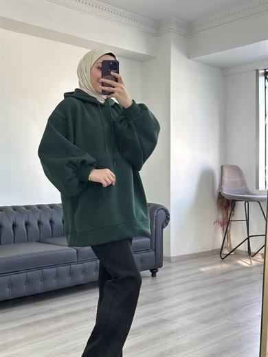 3 İplik Sweatshit Kapşonlu Zümrüt Yeşili