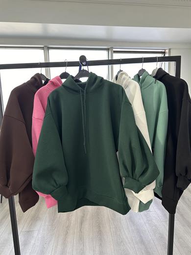 3 İplik Sweatshit Kapşonlu Zümrüt Yeşili