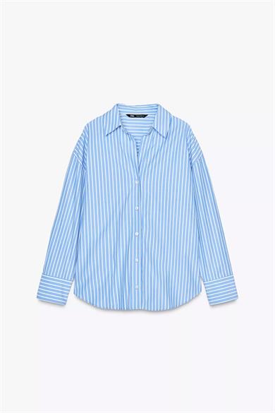 Basic Poplin Çizgili Mavi Gömlek
