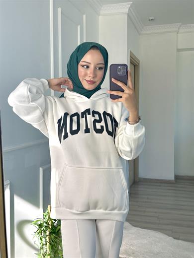 BOSTON Sweatshirt Kapşonlu BEYAZ