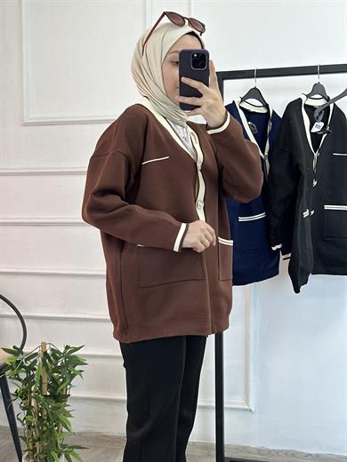 BROŞLU Triko Hırka Acı Kahve