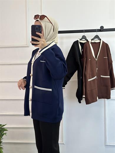 BROŞLU Triko Hırka Lacivert