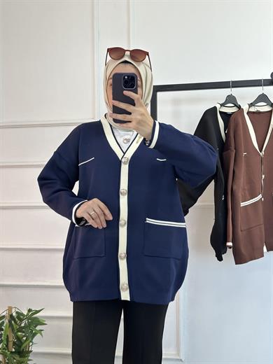 BROŞLU Triko Hırka Lacivert